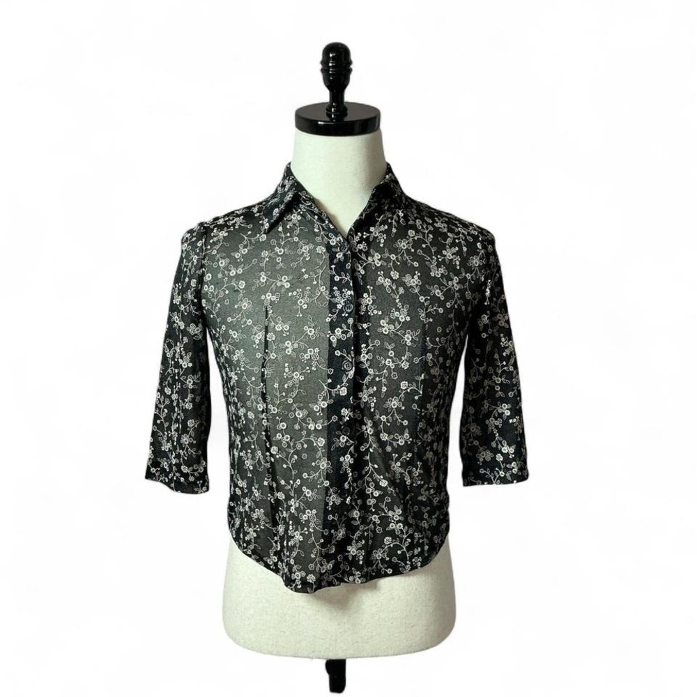 Floral Button Up Top, 3/4 Sleeve Blouse,‎ Lightweight, Semi Sheer Shirt Grunge